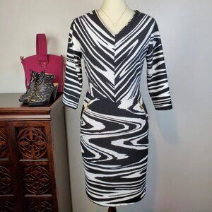 Cato Woman's 3/4 Sleeve V-Neck Zebra Print Swirled Striped Sheath Dress Size S